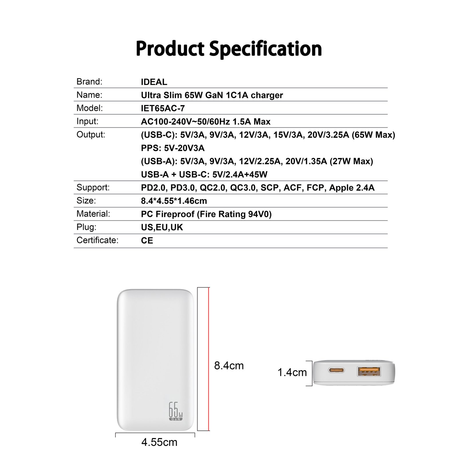 pd+qc3.0 65w gan charger type c charger | iet65ac